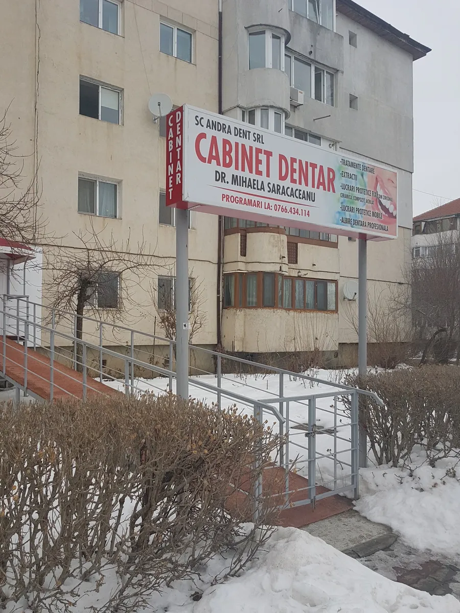 Panoul vechi al cabinetului, iarna: SC Andra Dent SRL, Cabinet dentar, Dr. Mihaela Saracaceanu.
